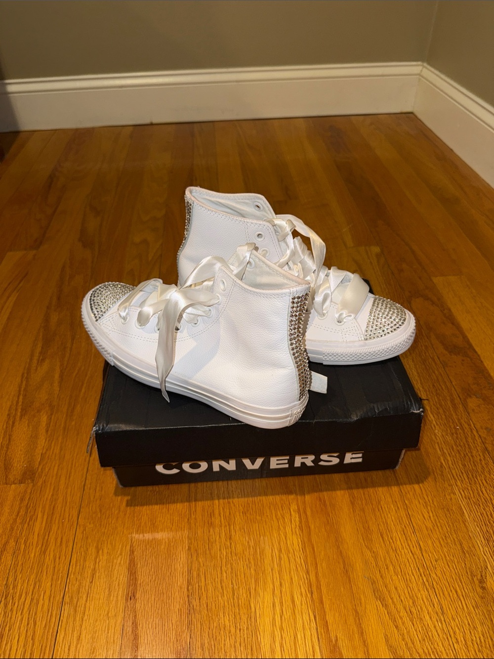 Converse White High-Top Sneakers with Rhinestone Toe and Heel